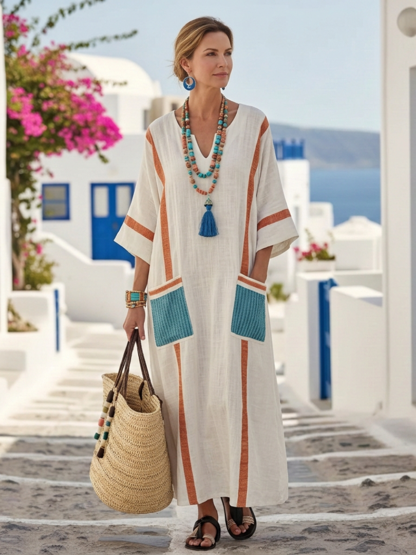 Women's Elegant Contrast Trim Maxi Dress | Relaxed Fit Summer Dress with Pockets 1