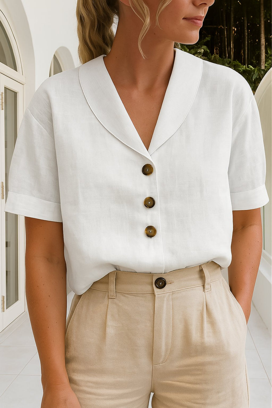 Women's Elegant Cotton Blend Blouse | Relaxed-Fit White Summer Top 0