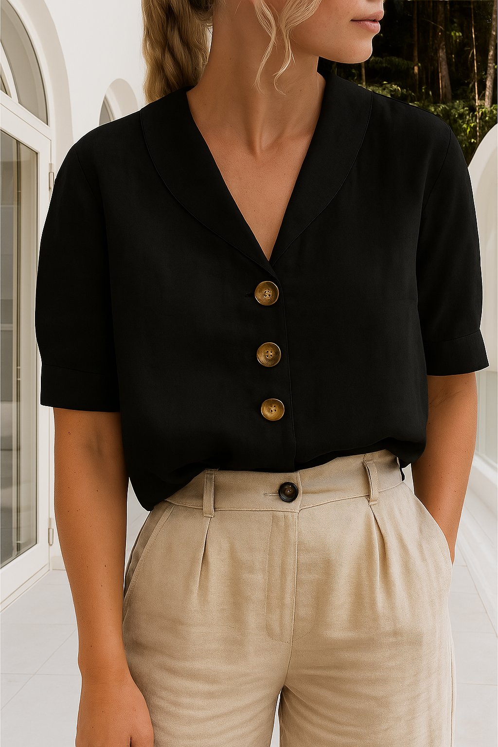 Women's Elegant Cotton Blend Blouse | Relaxed-Fit White Summer Top 2