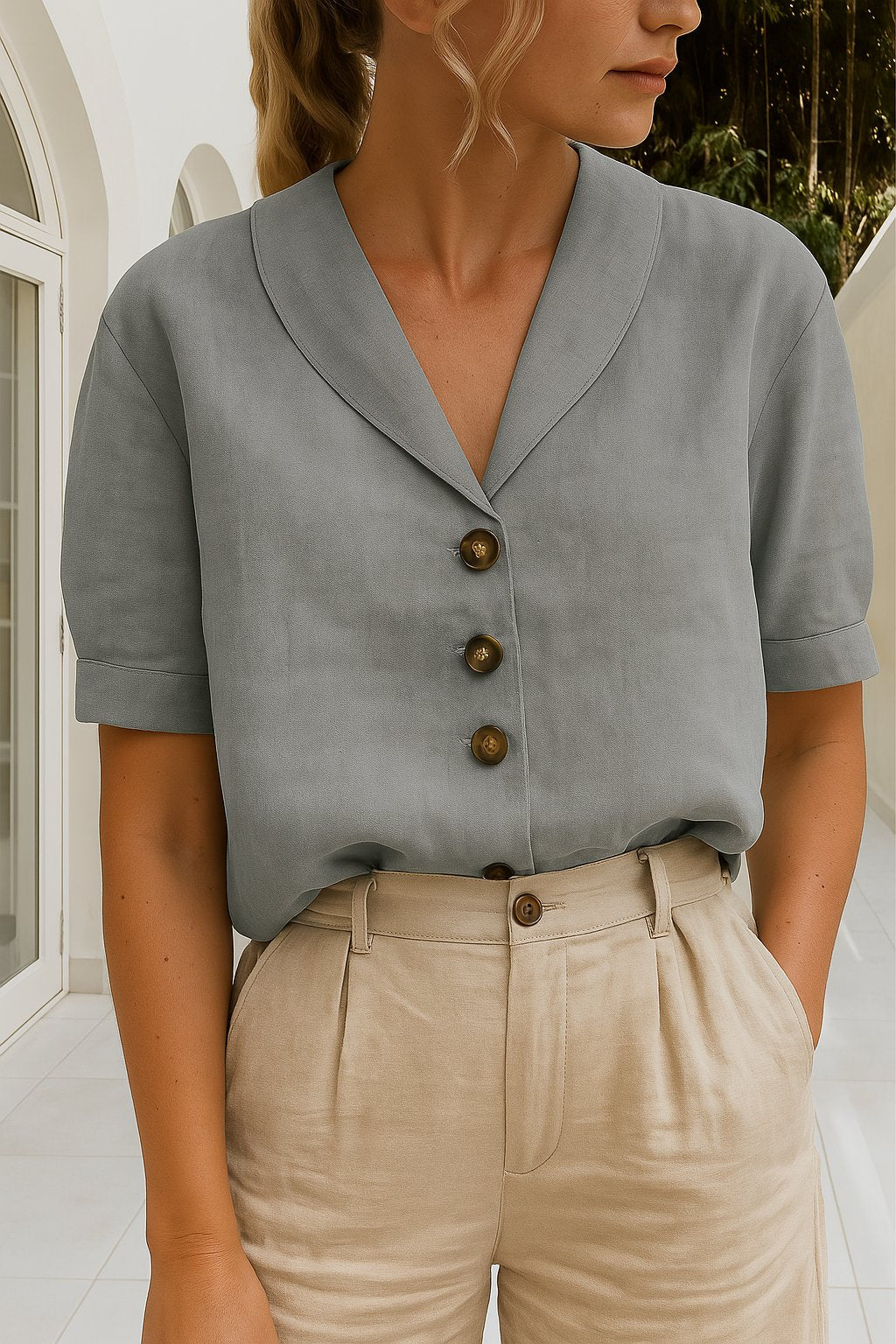 Women's Elegant Cotton Blend Blouse | Relaxed-Fit White Summer Top 3