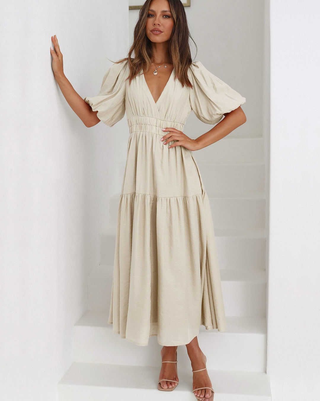 Women's Elegant Cotton Midi Dress | Flattering Puff Sleeve Summer Dress