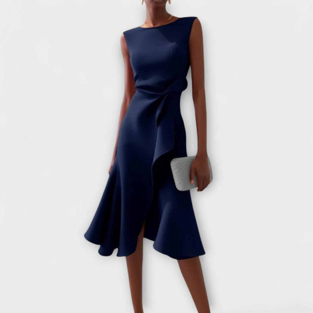 Women's Elegant Draped Midi Dress | Flattering Asymmetric Sleeveless Cocktail Gown 1