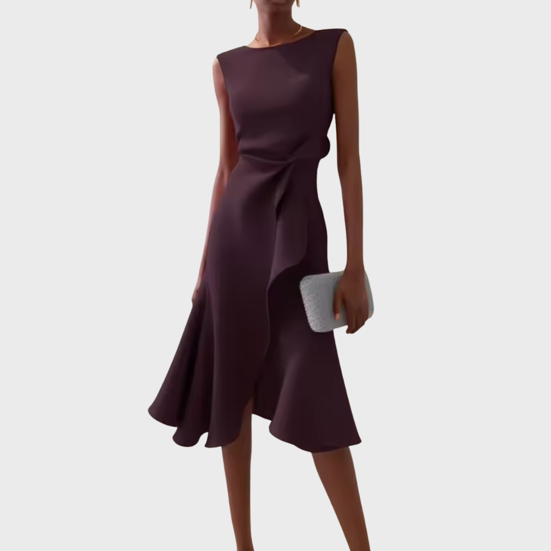 Women's Elegant Draped Midi Dress | Flattering Asymmetric Sleeveless Cocktail Gown 10