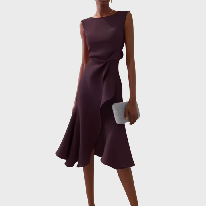 Women's Elegant Draped Midi Dress | Flattering Asymmetric Sleeveless Cocktail Gown 10