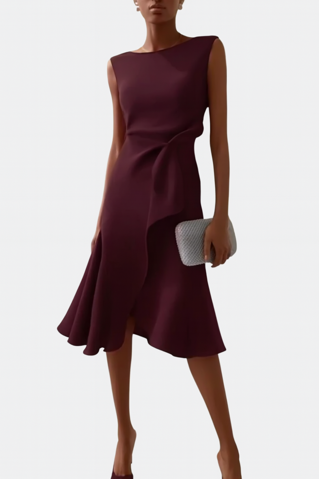 Women's Elegant Draped Midi Dress | Flattering Asymmetric Sleeveless Cocktail Gown 11