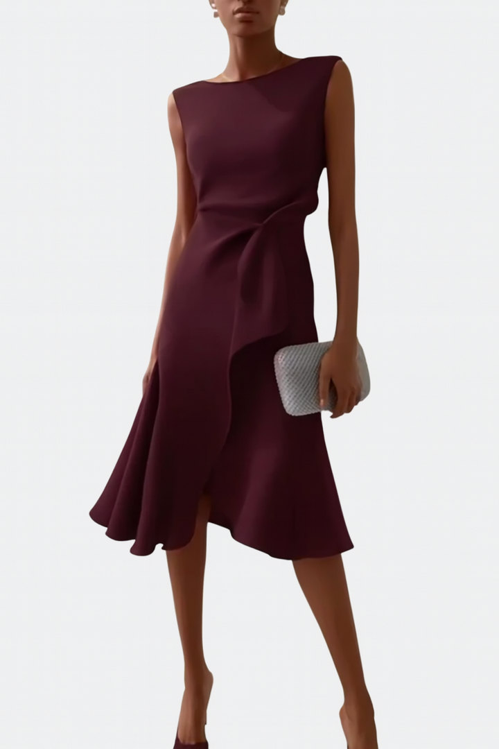 Women's Elegant Draped Midi Dress | Flattering Asymmetric Sleeveless Cocktail Gown 11