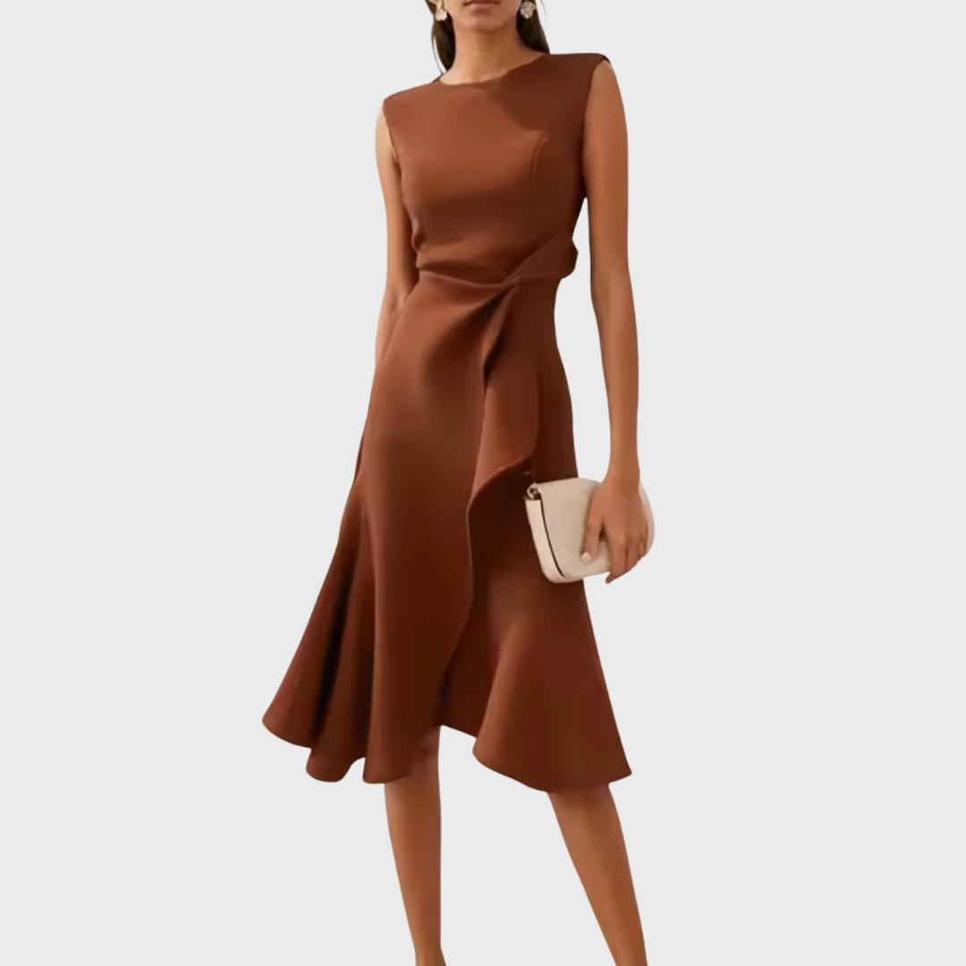 Women's Elegant Draped Midi Dress | Flattering Asymmetric Sleeveless Cocktail Gown 8