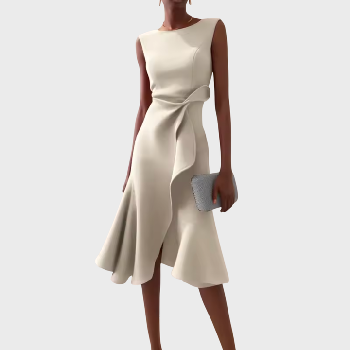 Women's Elegant Draped Midi Dress | Flattering Asymmetric Sleeveless Cocktail Gown 9