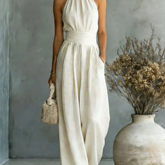 Women's Elegant Draped Wide Leg Jumpsuit | Chic Halter Neck Vacation Outfit 0