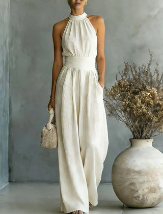Women's Elegant Draped Wide Leg Jumpsuit | Chic Halter Neck Vacation Outfit 0