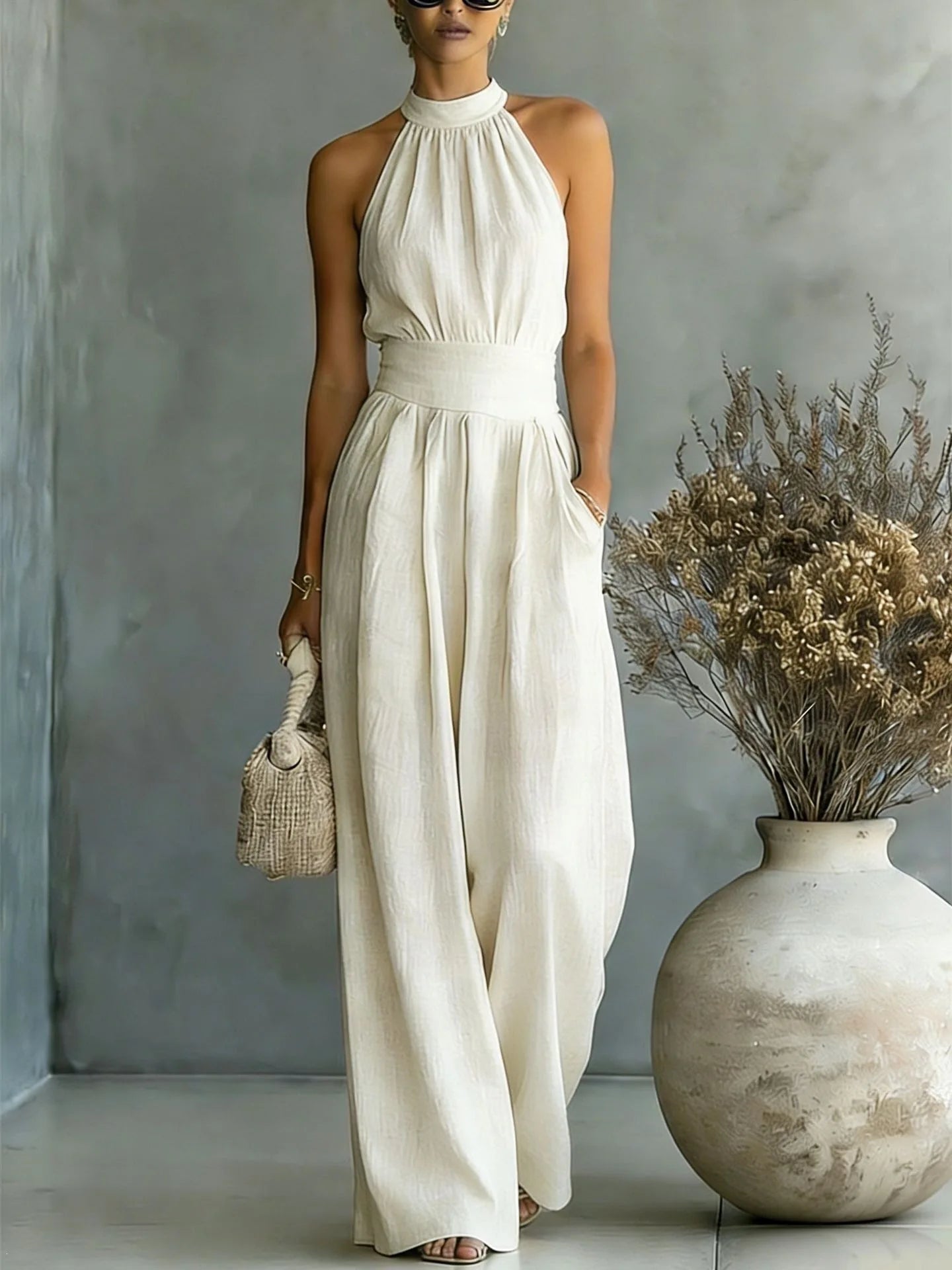 Women's Elegant Draped Wide Leg Jumpsuit | Chic Halter Neck Vacation Outfit 0