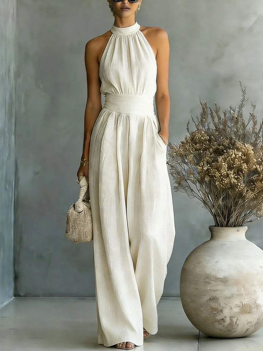 Women's Elegant Draped Wide Leg Jumpsuit | Chic Halter Neck Vacation Outfit 0