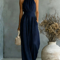 Women's Elegant Draped Wide Leg Jumpsuit | Chic Halter Neck Vacation Outfit 1