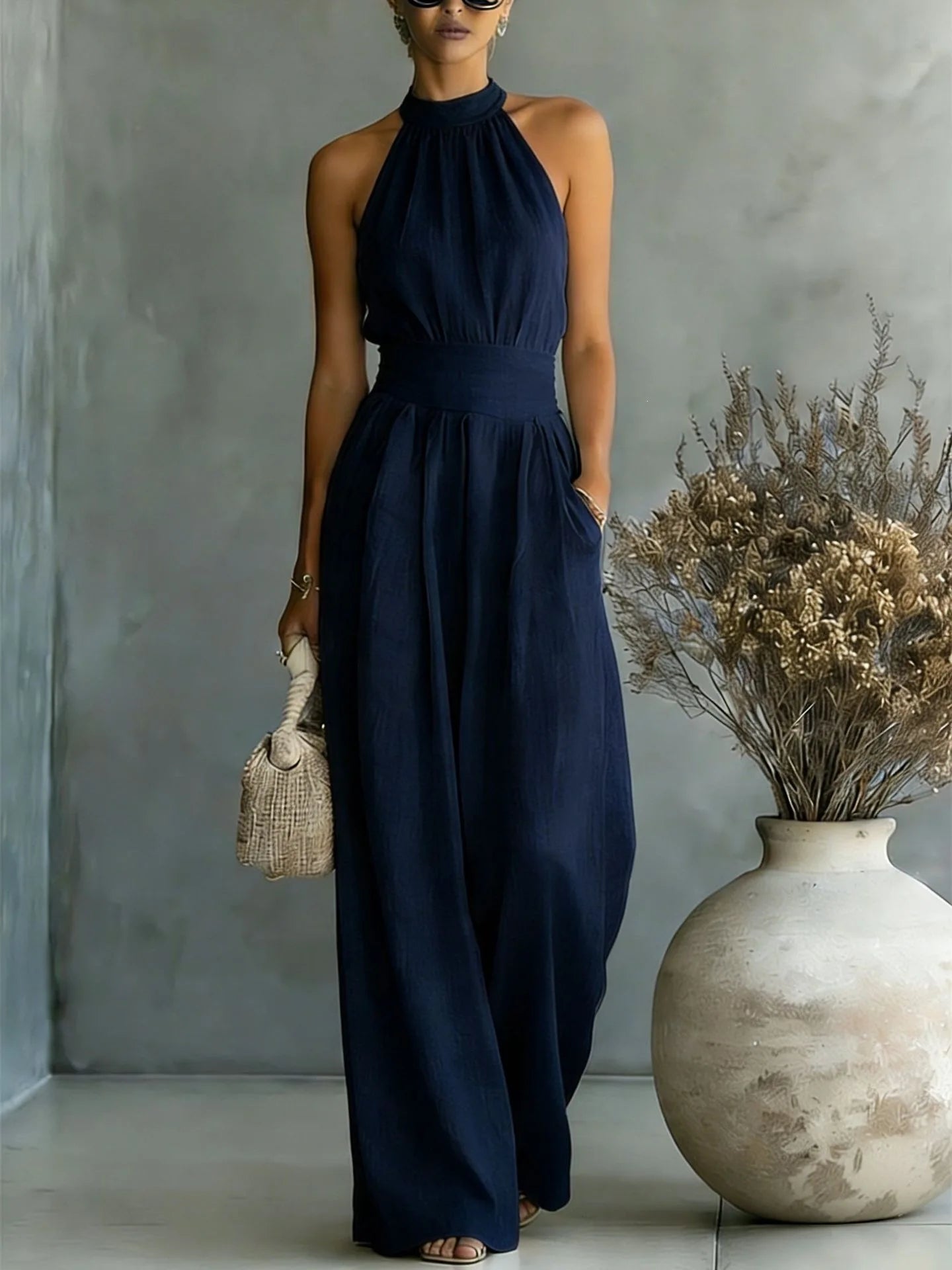 Women's Elegant Draped Wide Leg Jumpsuit | Chic Halter Neck Vacation Outfit 1