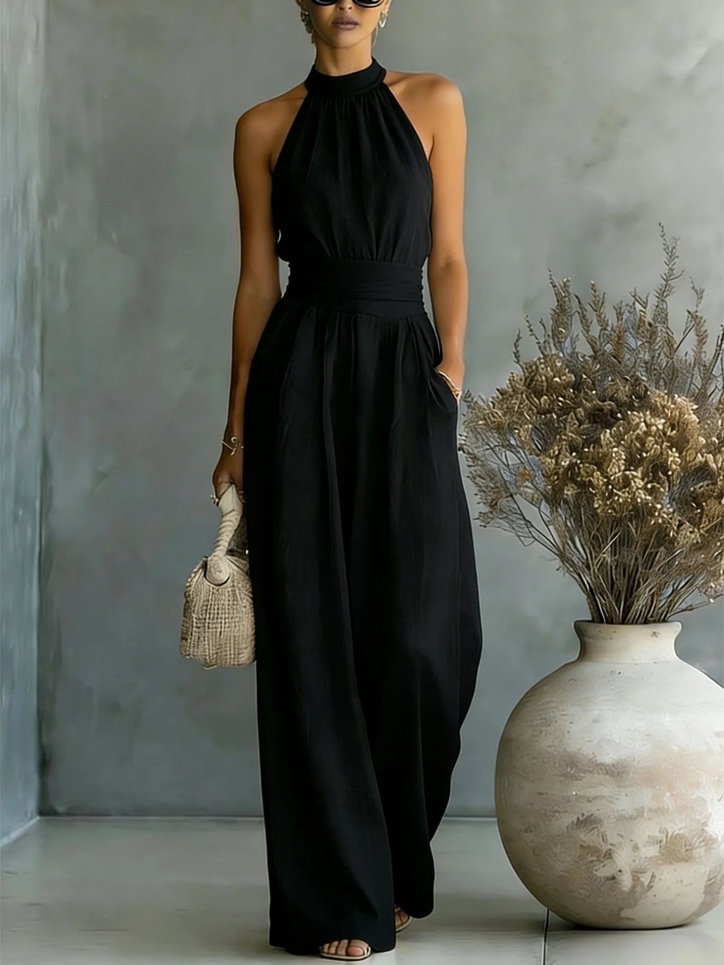 Women's Elegant Draped Wide Leg Jumpsuit | Chic Halter Neck Vacation Outfit 2