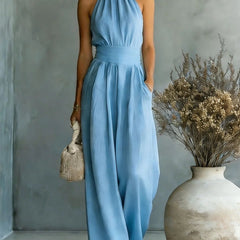 Women's Elegant Draped Wide Leg Jumpsuit | Chic Halter Neck Vacation Outfit 3