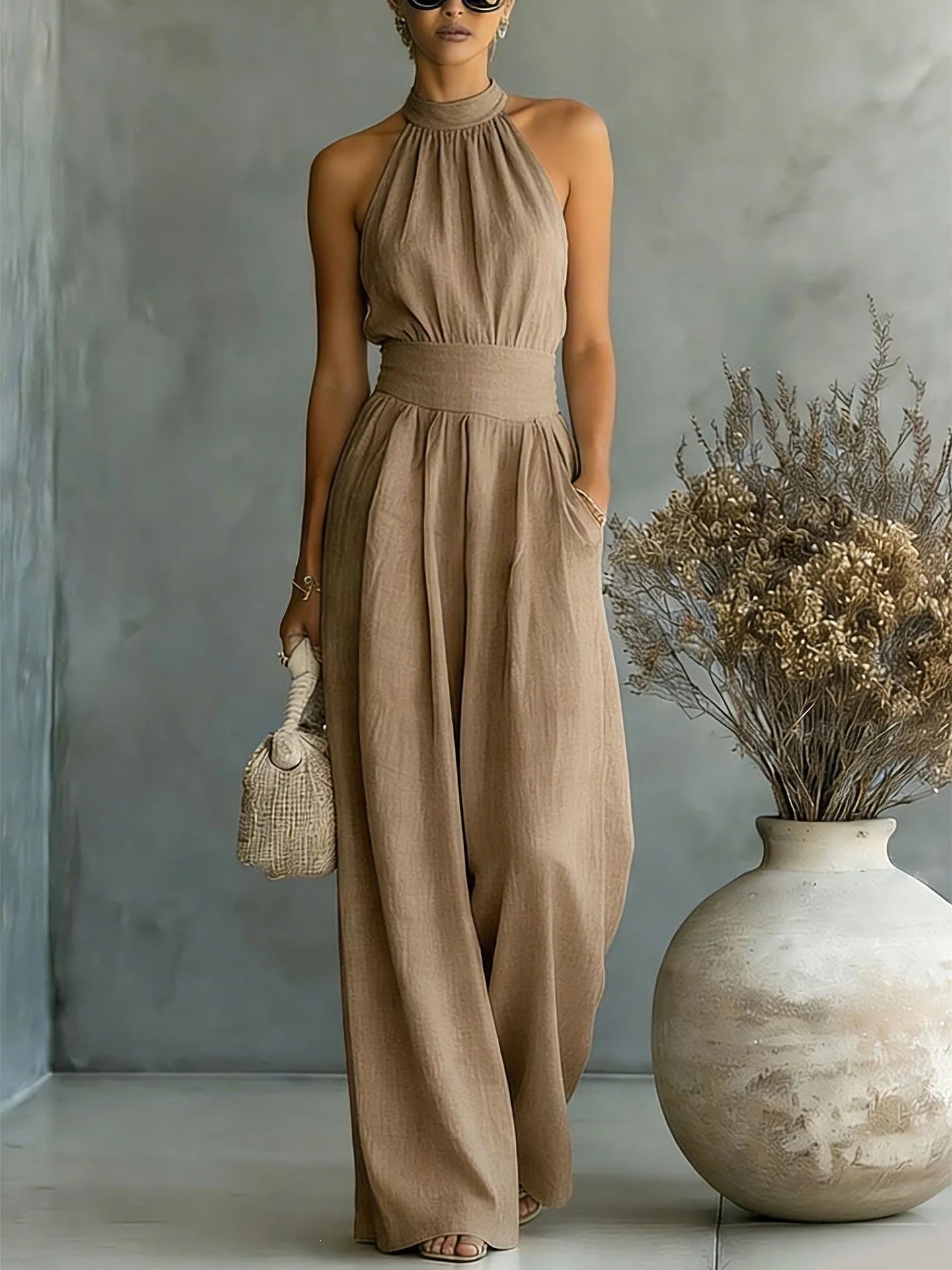 Women's Elegant Draped Wide Leg Jumpsuit | Chic Halter Neck Vacation Outfit 4