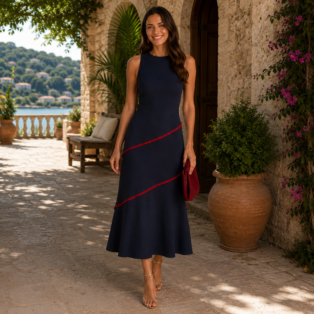 Women's Elegant Fitted Midi Dress | Sophisticated Evening Gown with Contrasting Details 0