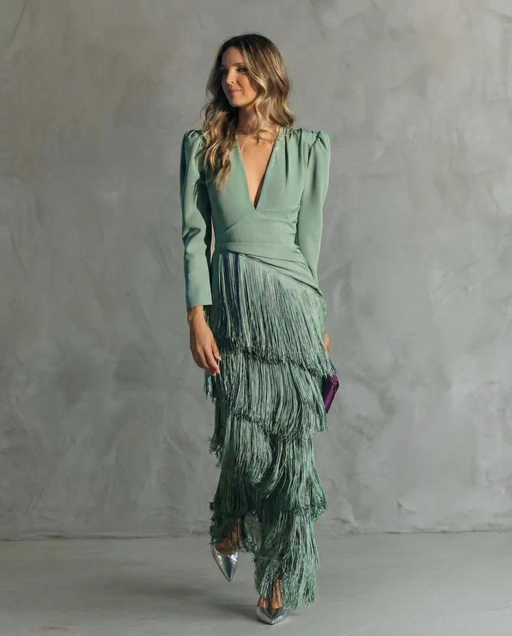Women's Elegant Fringe Maxi Dress | Deep V-Neck Puff Sleeve Formal Gown 0