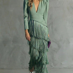 Women's Elegant Fringe Maxi Dress | Deep V-Neck Puff Sleeve Formal Gown 1