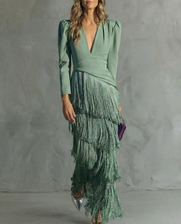 Women's Elegant Fringe Maxi Dress | Deep V-Neck Puff Sleeve Formal Gown 1
