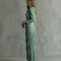 Women's Elegant Fringe Maxi Dress | Deep V-Neck Puff Sleeve Formal Gown 2