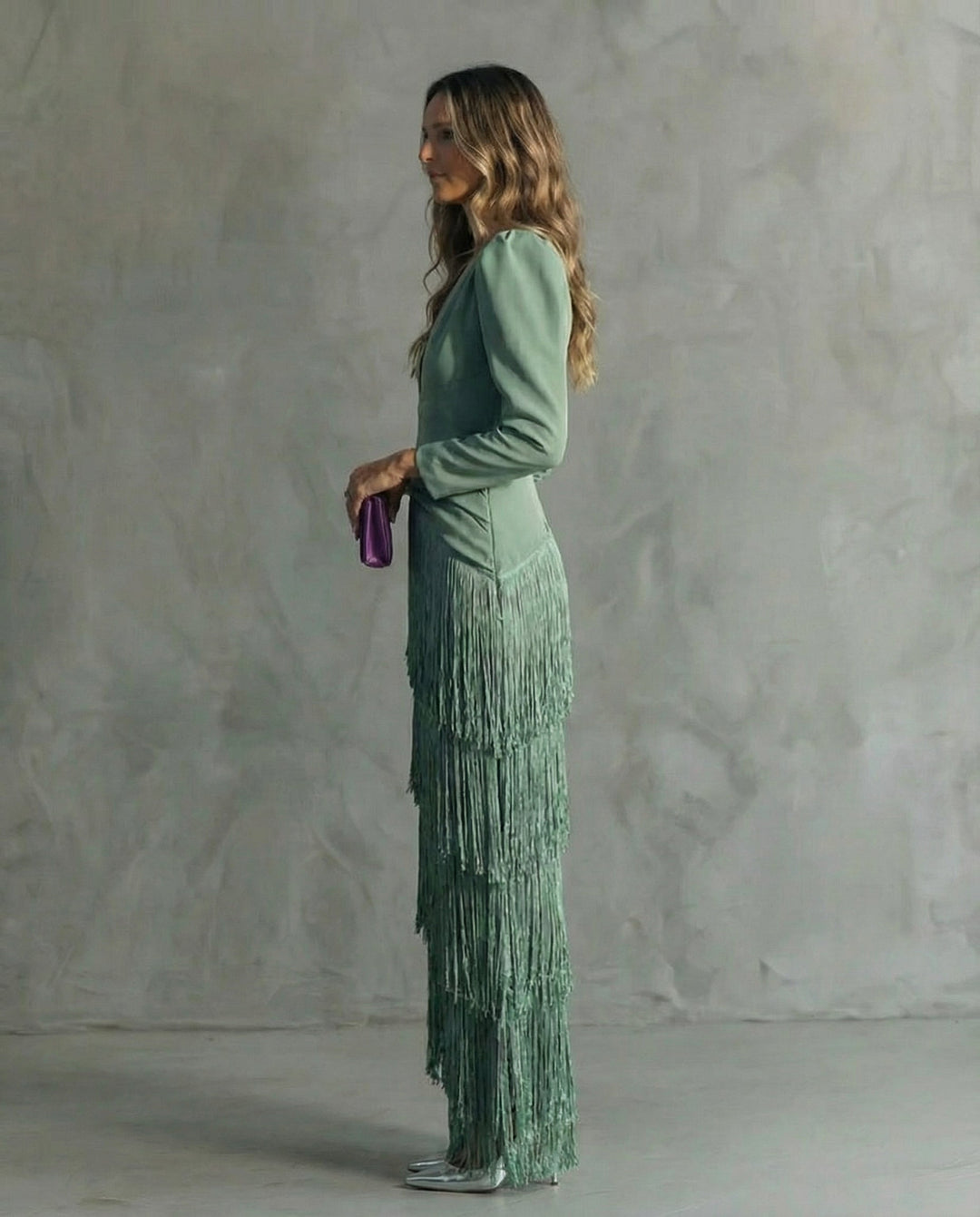 Women's Elegant Fringe Maxi Dress | Deep V-Neck Puff Sleeve Formal Gown 2
