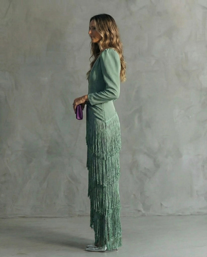 Women's Elegant Fringe Maxi Dress | Deep V-Neck Puff Sleeve Formal Gown 2