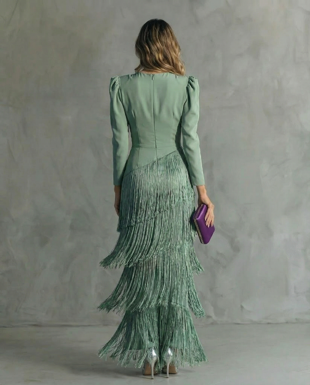 Women's Elegant Fringe Maxi Dress | Deep V-Neck Puff Sleeve Formal Gown 3