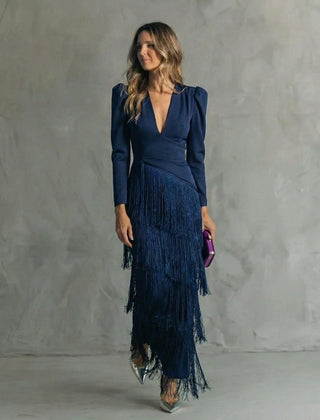 Women's Elegant Fringe Maxi Dress | Deep V-Neck Puff Sleeve Formal Gown 4