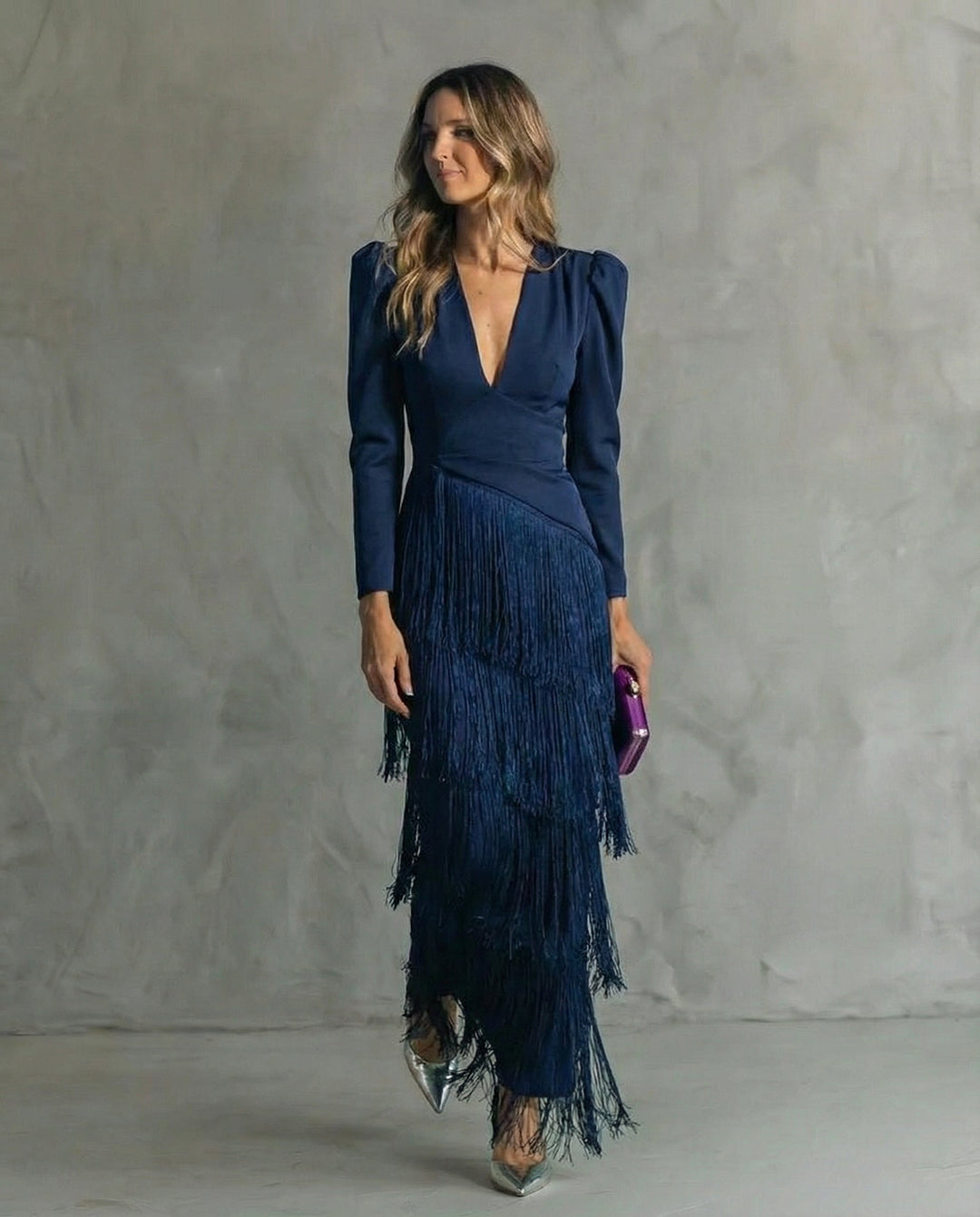 Women's Elegant Fringe Maxi Dress | Deep V-Neck Puff Sleeve Formal Gown 4