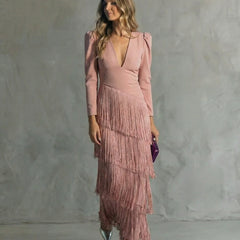 Women's Elegant Fringe Maxi Dress | Deep V-Neck Puff Sleeve Formal Gown 5