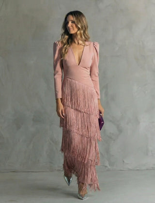 Women's Elegant Fringe Maxi Dress | Deep V-Neck Puff Sleeve Formal Gown 5