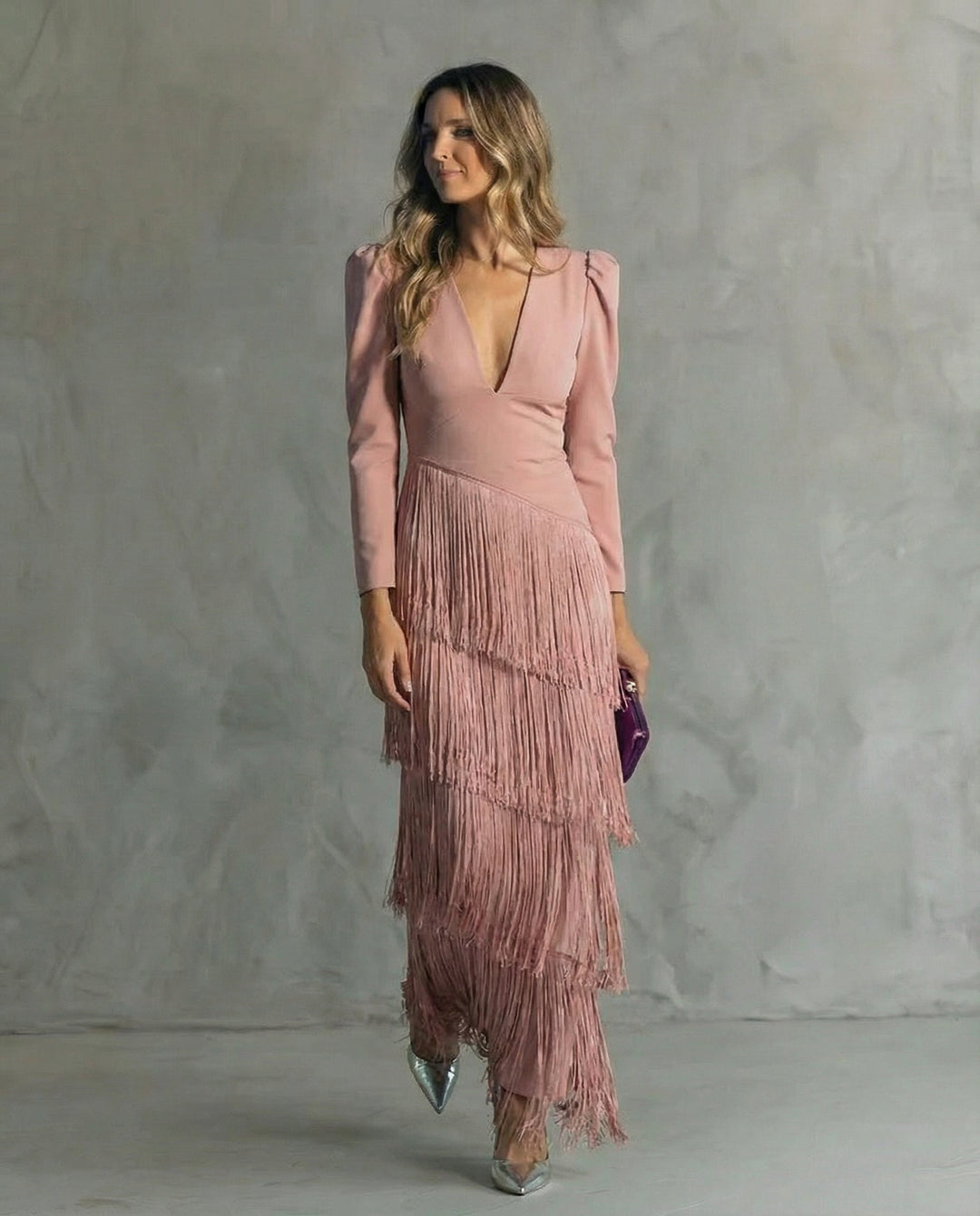 Women's Elegant Fringe Maxi Dress | Deep V-Neck Puff Sleeve Formal Gown 5