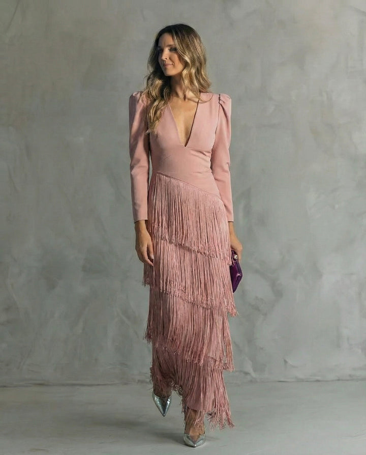 Women's Elegant Fringe Maxi Dress | Deep V-Neck Puff Sleeve Formal Gown 5