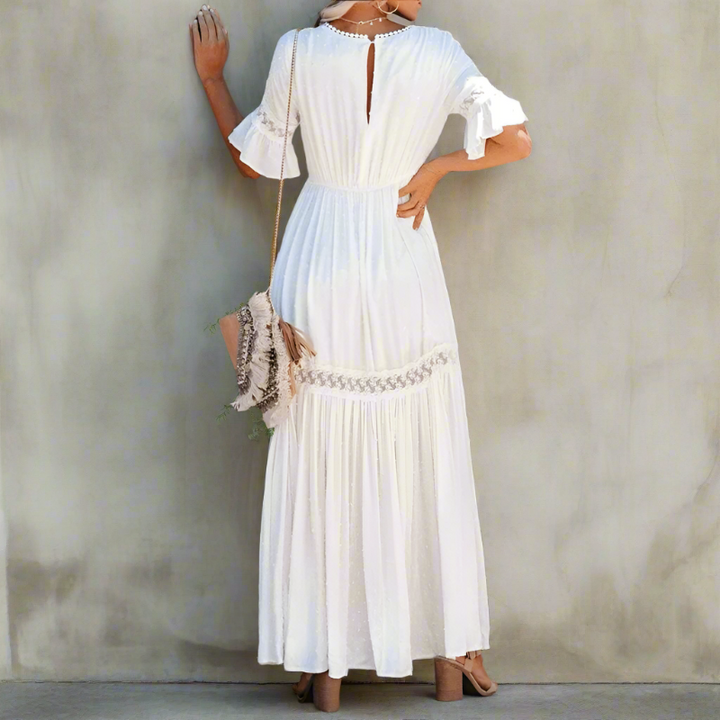 Women's Elegant Lace Maxi Dress | Flutter Sleeve Deep V-Neck Evening Gown 1