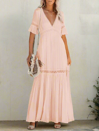 Women's Elegant Lace Maxi Dress | Flutter Sleeve Deep V-Neck Evening Gown 2