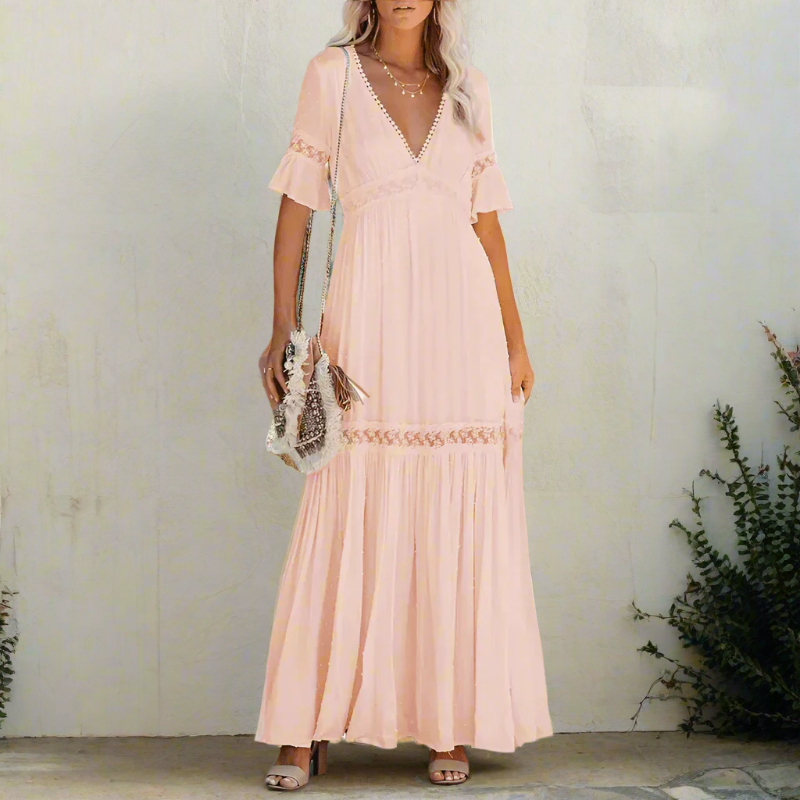Women's Elegant Lace Maxi Dress | Flutter Sleeve Deep V-Neck Evening Gown 2
