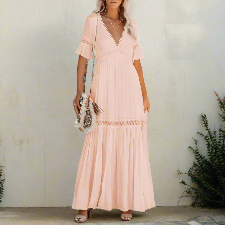 Women's Elegant Lace Maxi Dress | Flutter Sleeve Deep V-Neck Evening Gown 2