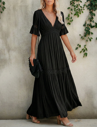 Women's Elegant Lace Maxi Dress | Flutter Sleeve Deep V-Neck Evening Gown 3