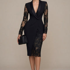 Women's Elegant Lace Midi Dress | Structured Blazer Cocktail Dress with Sheer Sleeves 0