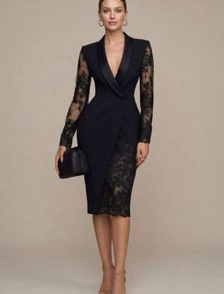 Women's Elegant Lace Midi Dress | Structured Blazer Cocktail Dress with Sheer Sleeves 0