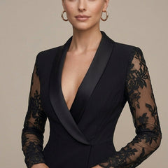 Women's Elegant Lace Midi Dress | Structured Blazer Cocktail Dress with Sheer Sleeves 1