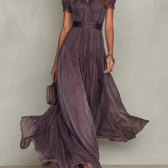 Women's Elegant Lace Trim Maxi Dress | Flattering Gathered Waist Formal Gown 0
