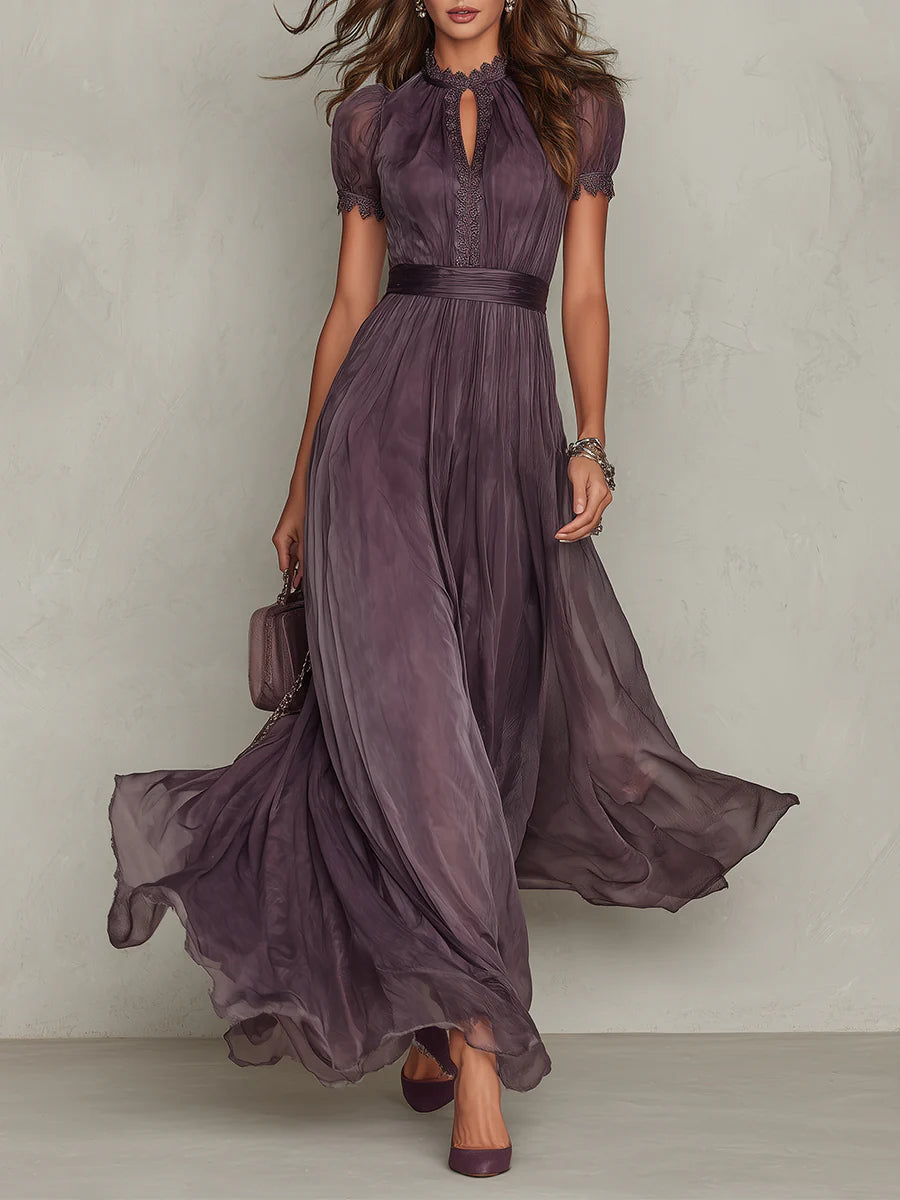 Women's Elegant Lace Trim Maxi Dress | Flattering Gathered Waist Formal Gown 0