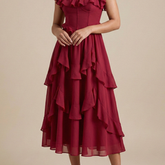 Women's Elegant Layered Ruffle Midi Dress | Romantic Flutter Sleeve Cocktail Dress 0