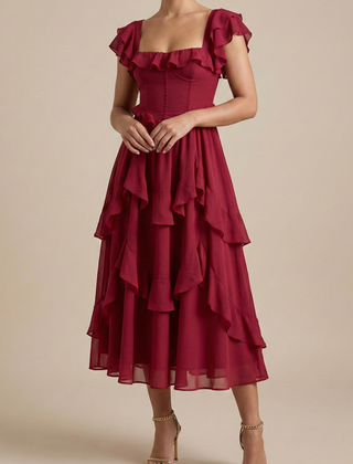 Women's Elegant Layered Ruffle Midi Dress | Romantic Flutter Sleeve Cocktail Dress 0