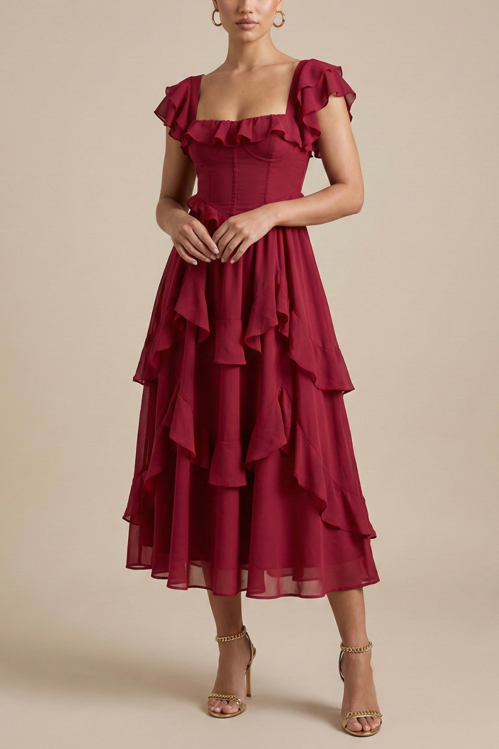 Women's Elegant Layered Ruffle Midi Dress | Romantic Flutter Sleeve Cocktail Dress 0