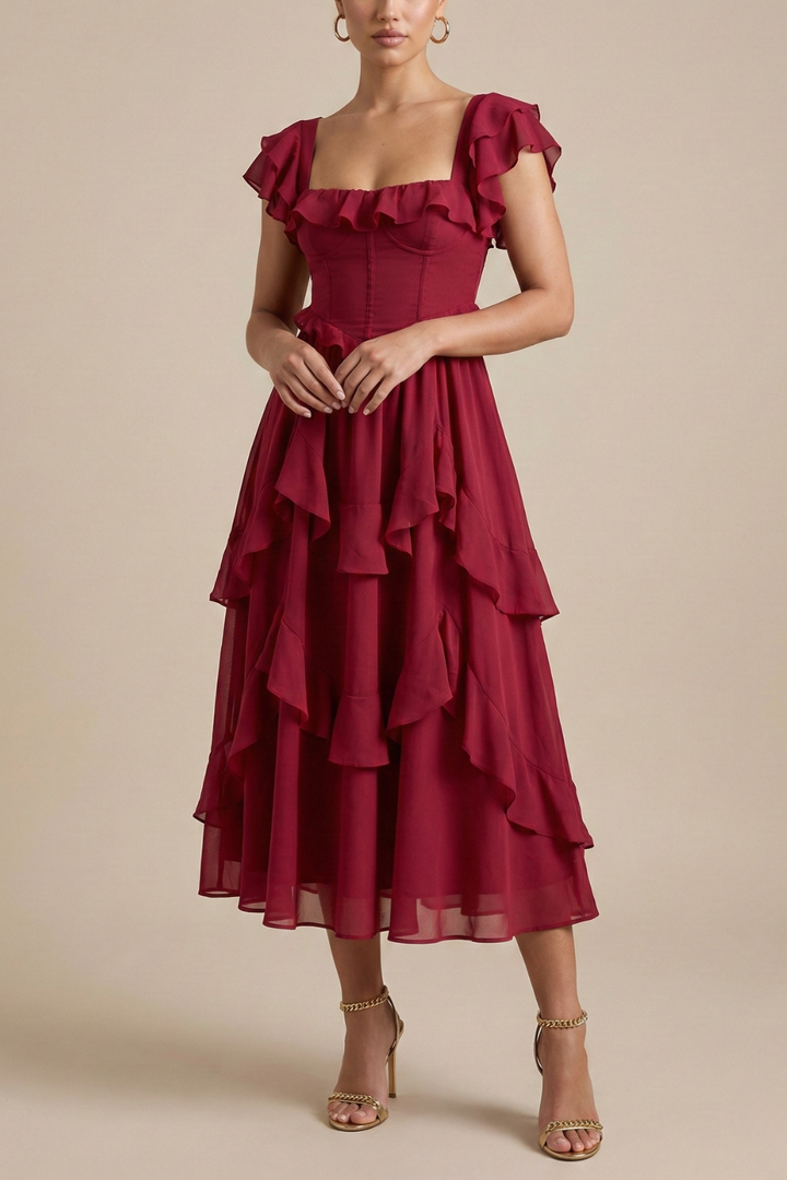 Women's Elegant Layered Ruffle Midi Dress | Romantic Flutter Sleeve Cocktail Dress 0
