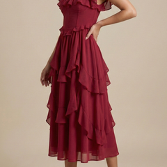 Women's Elegant Layered Ruffle Midi Dress | Romantic Flutter Sleeve Cocktail Dress 1